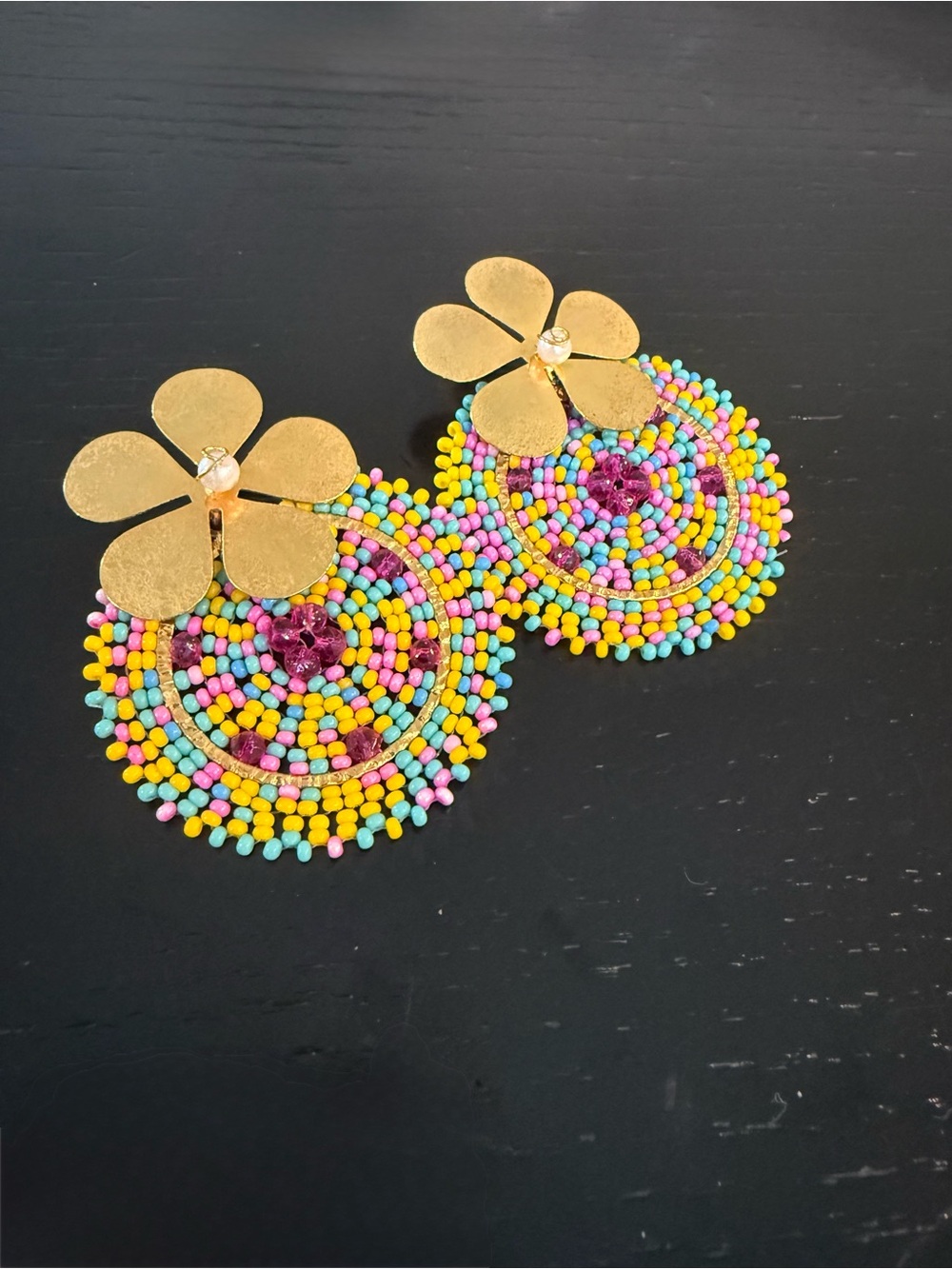 Gold Flower Multicolor Beaded Statement Earrings